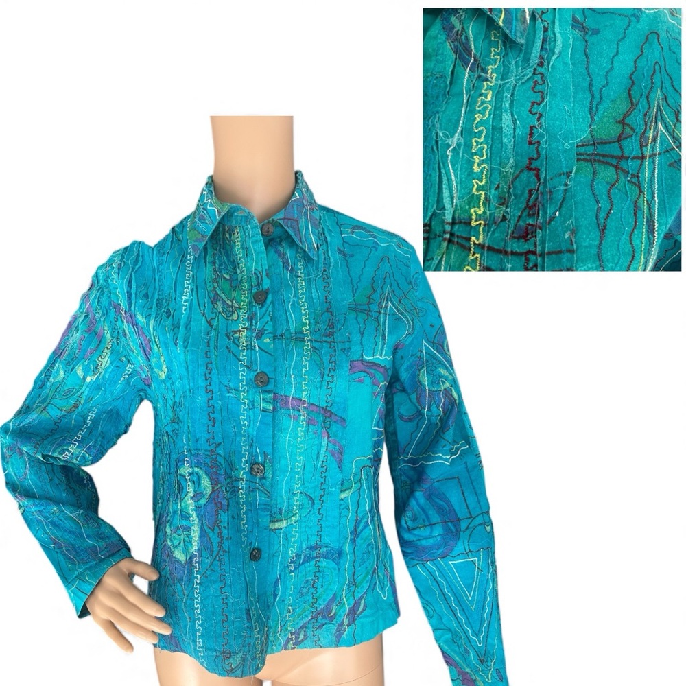 Chico’s Teal Embroidered Button Front Shirt Size 0 S Cotton Rayon India Boho